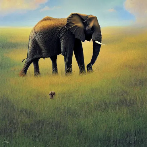 Prompt: elephant exploring the prairie hills, tall grass, oil painting