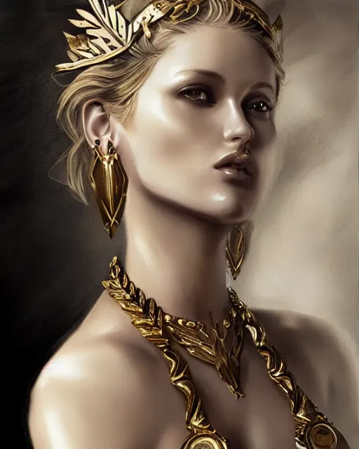 Image similar to tattoo design sketch of hot blonde super model as aphrodite greek goddess wearing a gold laurel wreath and triangle earrings, beautiful piercing gaze with sharp pupils, in the style of greg rutkowski, fantasy, amazing detail, epic, elegant, smooth, sharp focus, front view