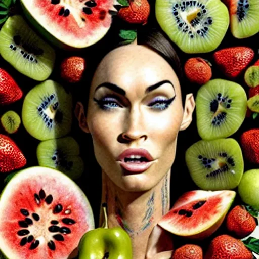 Image similar to megan fox vegan editorial by malczewski and arcimboldo, character sculpture by arcimboldo, stil frame from'cloudy with a chance of meatballs 2'( 2 0 1 3 ) of fruit dryad, fruit hybrid megan fox editorial by alexander mcqueen and arcimboldo