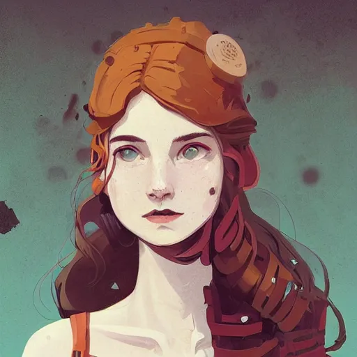 Image similar to Highly detailed portrait of a dieselpunk young lady with, freckles and wavy hair by Atey Ghailan, by Loish, by Bryan Lee O'Malley, by Cliff Chiang, by Greg Rutkowski, inspired by image comics, inspired by graphic novel cover art, inspired by nier!! Gradient color scheme ((grafitti tag brick wall background)), trending on artstation