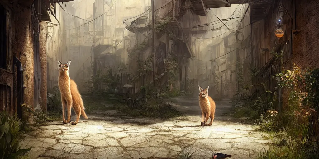 Prompt: a cute caracal in an abandoned alleyway, medium shot, waist up, studio Ghibli, Pixar and Disney animation, sharp, very detailed, high resolution, Rendered in Unreal Engine 5, anime key art by Greg Rutkowski, Bloom, dramatic lighting