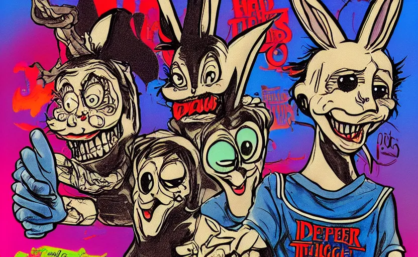 Prompt: Evil Bugs Bunny, Bad Acid Trip, Nightmare fuel, deceptive, conniving, wicked, uncomfortable crooked smile, wide eyed, stiff necked, stranger things by Salvador Dhali