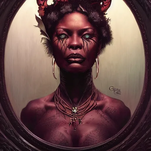 Image similar to Dark Fantasy Painting of a voodoo witch with a sinister evil look on her face, upper body, intricate, wild, highly detailed, digital painting, artstation, concept art, smooth, sharp focus, illustration, art by artgerm and greg rutkowski and alphonse mucha