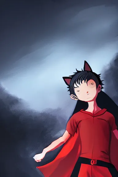 Image similar to little boy with cat ears in an black outfit with red cape. digital artwork made by lois van baarle and kentaro miura, sharpness focus, inspired by hirohiko araki, anatomically correct, heroic composition, hero pose, smooth, night city, hd