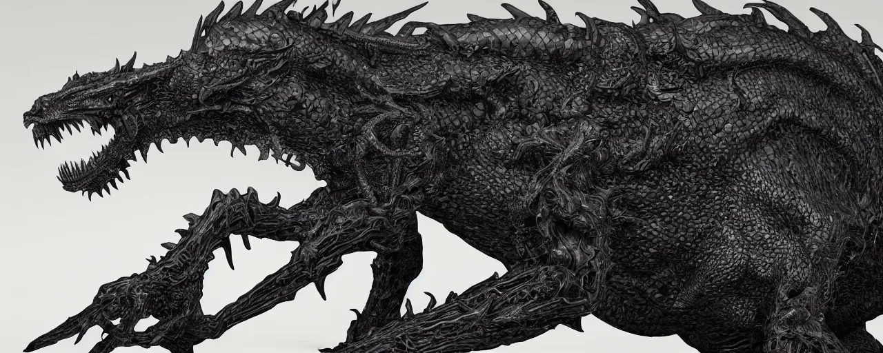 Image similar to full body, side perspective, large black scaled dragon, 3D, 8k resolution, by H R Giger