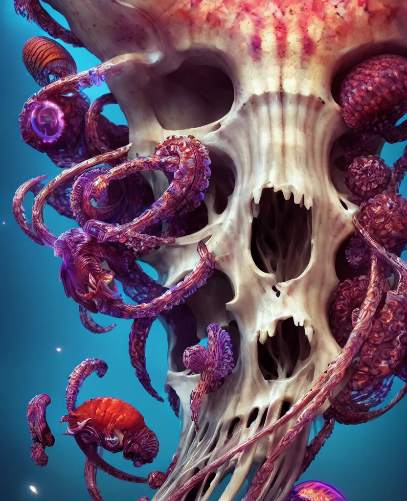 Image similar to goddess close-up portrait ram skull. jellyfish phoenix head, nautilus, orchid, skull, betta fish, bioluminiscent creatures, intricate artwork by Tooth Wu and wlop and beeple. octane render, trending on artstation, greg rutkowski very coherent symmetrical artwork. cinematic, hyper realism, high detail, octane render, 8k