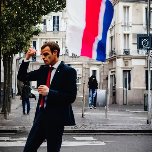 Prompt: a guy who looks like emmanuel macron is pissing on the a french flag in the street, 5 0 mm lens, street photography