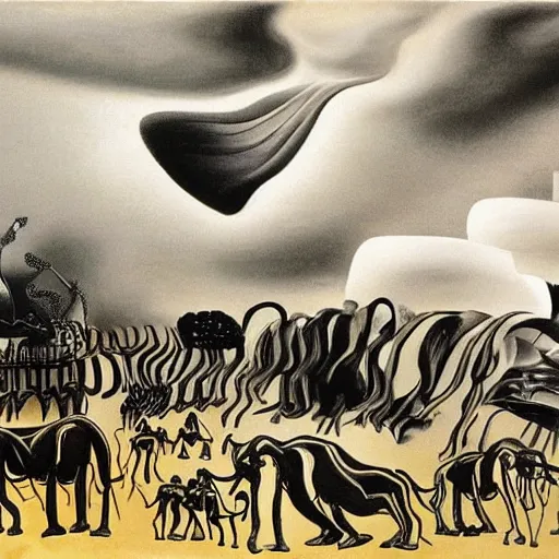 Image similar to An abstract painting of a tornado made of elephants and pianos by Salvador Dali, black and white color palette, dusk