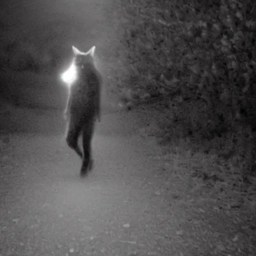 Image similar to bad quality blurry nightfootage nightcam black and white trailcam footage of native weird distorted human bodySkinwalker transforming into a coyote, low resolution, compressed