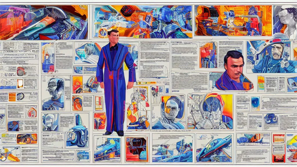 Image similar to colorful and vivid highly detailed character sheet for a space industrialist based on howard hughes, in art deco robes, science fiction, michael whelan, wayne barlow, science fiction, 1 9 8 0 s sci fi, retrofuture, high contrast, illustration, digital art, trending on artstation, hd, 8 k, good lighting, beautiful, rough paper, masterpiece