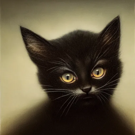 Image similar to a portrait of a kitten wearing a black hood, cloak covering face, anatomically correct, beautiful perfect face, enigmatic, oil painting, matte, black background, Volumetric dynamic lighting, Highly Detailed, Cinematic Lighting, Unreal Engine, 8k, HD, by Beksinski