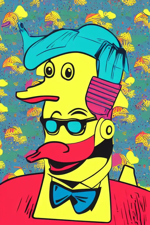 Image similar to happy duck, 7 6 retro futurist illustration art by butcher billy, sticker, colorful, illustration, highly detailed, simple, smooth and clean vector curves, no jagged lines, vector art, smooth andy warhol style