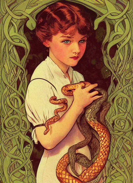 Prompt: an art nouveau copic maker illustration of a russian young girl holding a snake by kilian eng, monet and norman rockwell