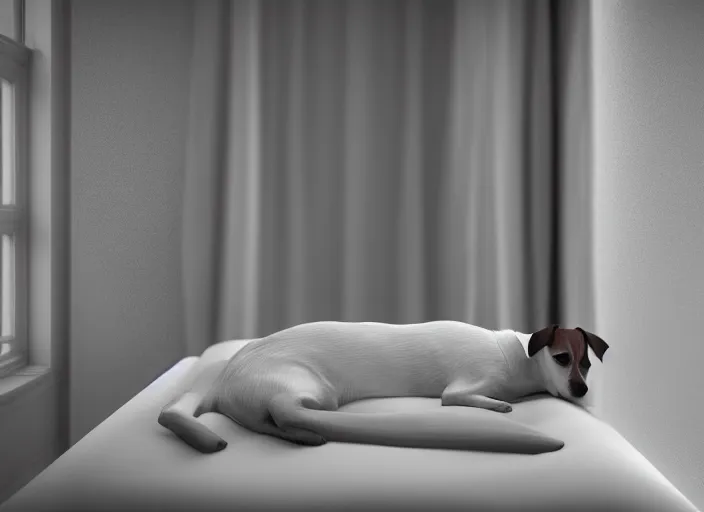 Image similar to photography of a Jack Russel watching outside the window on a bed in a 3d rendered white room, octane render, 3d, foggy, volumetric light, volumetric fog, photorealistic, unreal engine 5