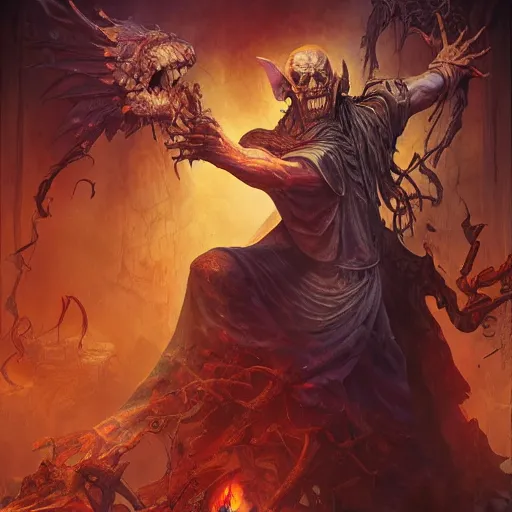 Image similar to high detailed figure of a majestic necromancer summoning the dead, malicious facial expression, full body figure, album cover detailed poster art style by Dariusz Zawadzki