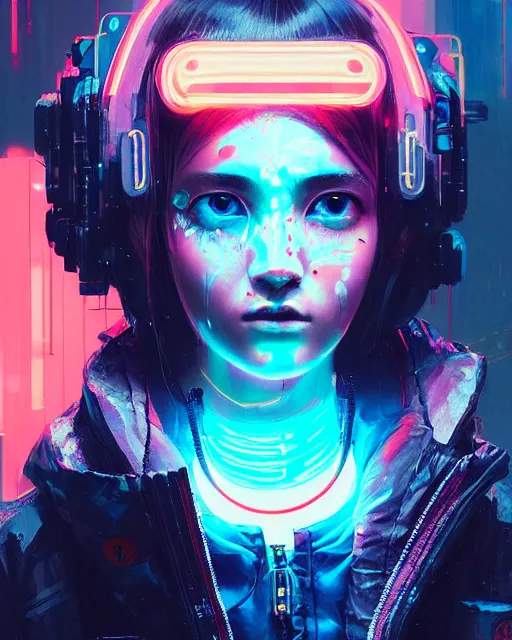 Image similar to detailed portrait Neon Operator Girl, cyberpunk futuristic neon, reflective puffy coat, decorated with traditional Japanese ornaments by Ismail inceoglu dragan bibin hans thoma greg rutkowski Alexandros Pyromallis Nekro Rene Maritte Illustrated, Perfect face, fine details, realistic shaded, fine-face, pretty face