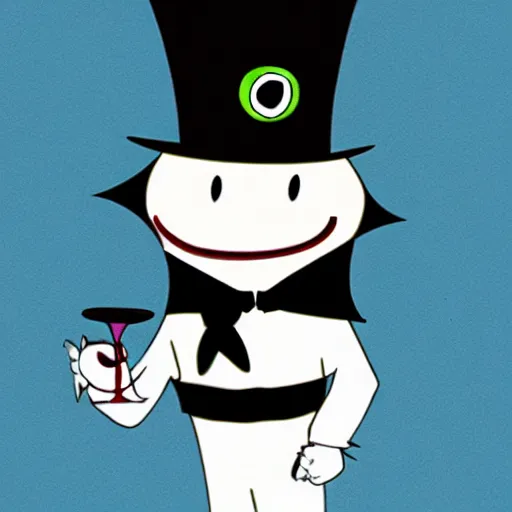 Prompt: a small vampire with a top hat and a monocle in the style of cupehead old cartoon