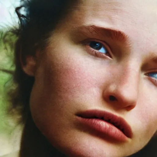 Image similar to a candid extreme closeup portrait of an expressive face of a mind blown young woman by annie leibovitz