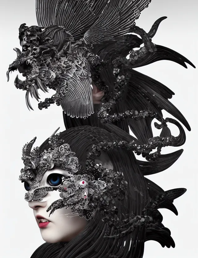 Image similar to 3 d goddess of satan close - up profile portrait with ram skull. beautiful intricately detailed japanese crow kitsune mask and clasical japanese kimono. betta fish, jellyfish phoenix, bio luminescent, plasma, ice, water, wind, creature, artwork by tooth wu and wlop and beeple and greg rutkowski