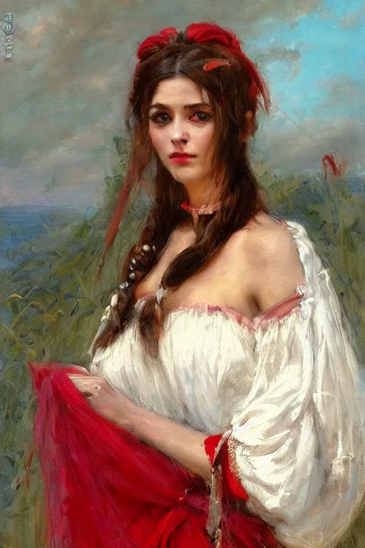 Image similar to Solomon Joseph Solomon and Richard Schmid and Jeremy Lipking victorian genre painting full length portrait painting of a young beautiful woman traditional german french pirate wench in fantasy costume, red background