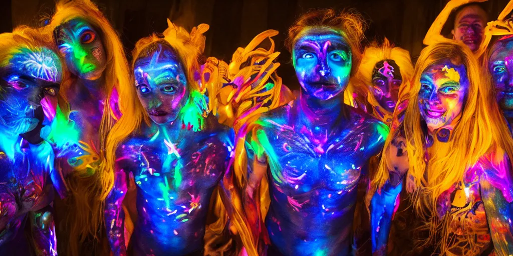 Image similar to love, people with glowing body paint, rebirth symbolism, wide angle, cinematic atmosphere, elaborate, UV, Blacklight, highly detailed, dramatic lighting