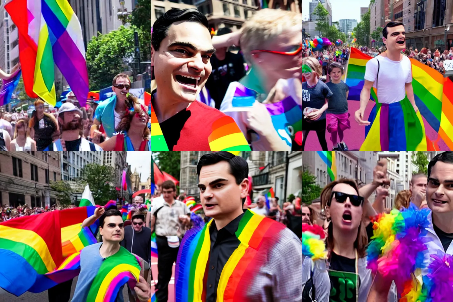 Prompt: Ben Shapiro running in fear from a pride parade