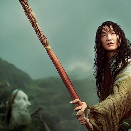 Prompt: a still from “ lord of the rings ” of a head and shoulders portrait of fei lung as a wizard with a wooden staff, betty, photo by phil noto