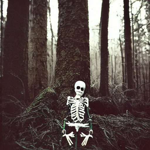 Image similar to film photography, portrait of skelleton standing in a forrest, 35mm, film photo