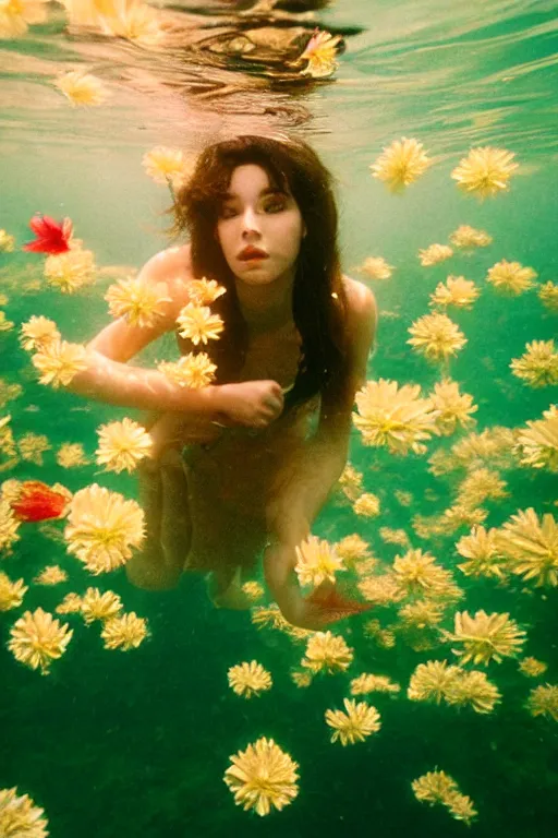 Image similar to film still, underwater view of young woman face with flowers from behind , 35mm