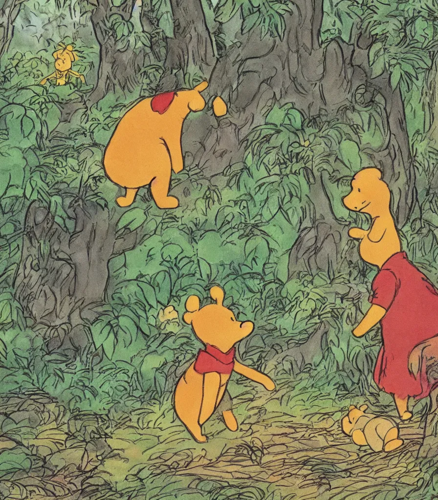 Image similar to a picture book illustration of a forest scene by a. a. milne featuring winnie the pooh and piglet