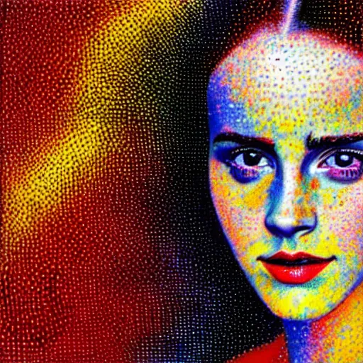 Prompt: a painting of emma watson face with red, yellow, and blue colors, a pointillism painting by mati klarwein, shutterstock contest winner, computer art, impressionism, digitally enhanced, painterly