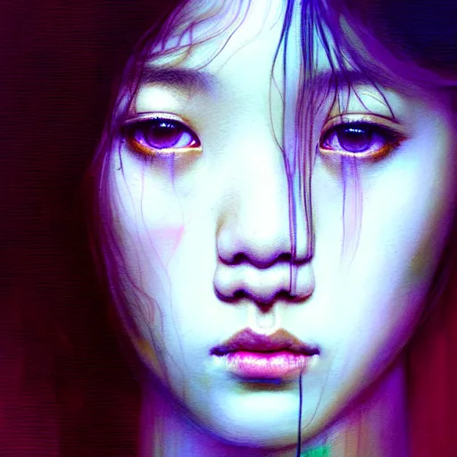 Image similar to jisoo of blackpink, hyperrealistic portrait, bladerunner street, by karol bak and agnes cecile, fantasy art, photo realistic, dynamic lighting, artstation, poster, volumetric lighting, very detailed face, intricate complexity, rule of thirds, 8 k, award winning