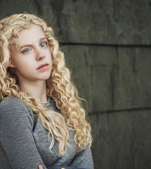 Prompt: a professional 8 5 mm highly detailed portrait of annabeth chase, a caucasian eighteen year old girl that looks like a california valley girl, intense stormy gray eyes, blonde curly hair, professional photography, midday lighting, defiant, beautiful