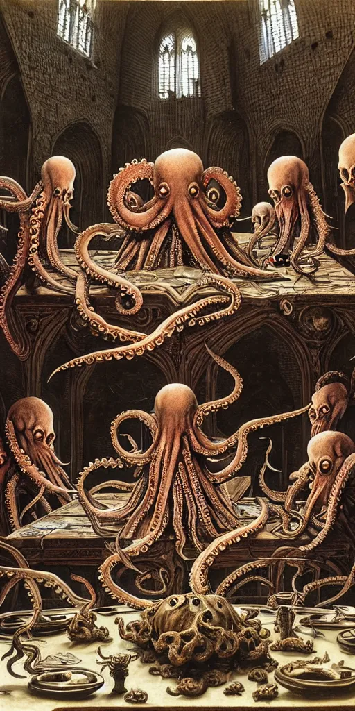 Image similar to group of mages with octopus heads sitting near the table in ancient mage castle with enormous scale, gothic and barocco, brutalist architecture, ultradetailed, Intricate by John Howe and Josan Gonzalez and James Jean and Giuseppe Arcimboldo