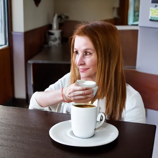 Prompt: Karen sipping coffee at the breakfast table