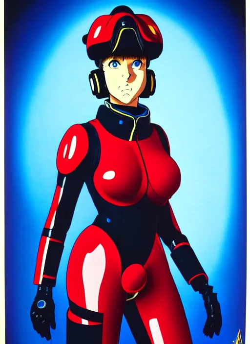 Image similar to Portrait of a female mech pilot in a latex bodysuit, 90s anime, cel-shaded, highly detailed, dramatic background, complementary lighting, poster