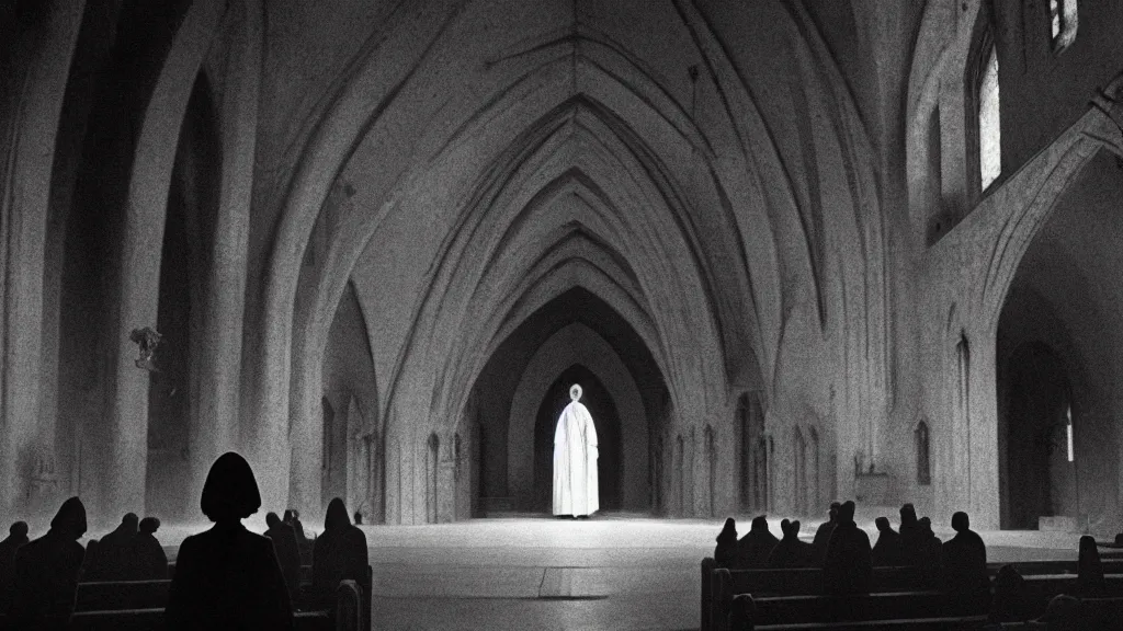 Image similar to church service, film still from the movie directed by denis villeneuve and david cronenberg with art direction by zdzisław beksinski and dr. seuss