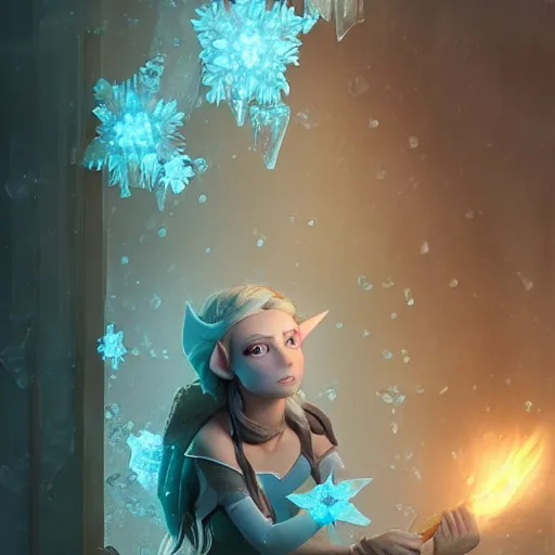 Image similar to a fantasy elf woman trapped and frozen trying to get out of a block of clear ice, with frozen flowers around her, treding artstation, greg rutkowski, cinema 4 d, cinematographic, greg rutkowski