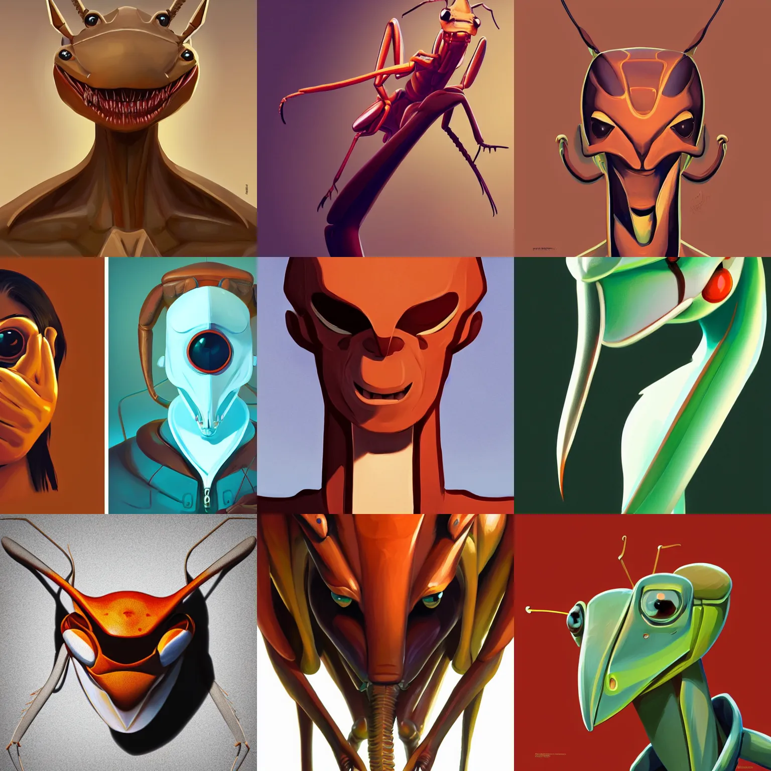 Prompt: face icon stylized minimalist, anthropomorphic predatory praying mantis, brown exoskeleton, flat head, cory behance hd by jesper ejsing, by rhads, makoto shinkai and lois van baarle, ilya kuvshinov, rossdraws global illumination