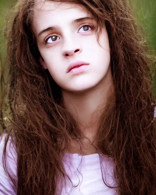 Image similar to photo portrait 1 5 - year old girl with lush brown hair, hermione granger, magic background, bright piercing brown eyes, hyper realistic face, beautiful eyes, by mario testino