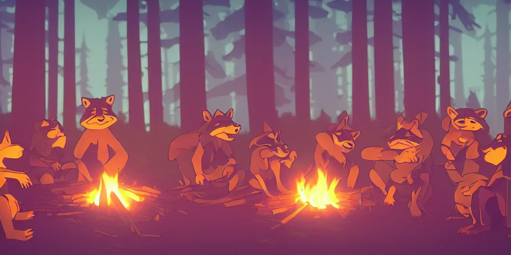 Image similar to a group of racoons sitting around a campfire in the middle of the forest, surrounded by fireflies. Firewatch style