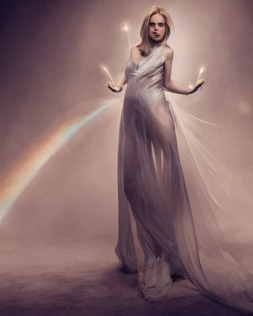 Image similar to annie leibovitz style photoshoot editorial of samara weaving as sue storm, the invisible woman from the fantastic four, she is wearing a beautiful iridescent shimmering, glowing jellyfish like wedding dress made from her force field powers, hyperreal, magical, translucent, iridescent, studio lighting, soft focus, bokeh, 5 0 mm