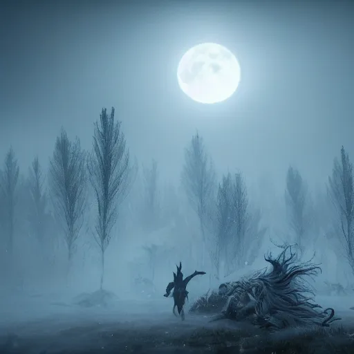 Prompt: the wild hunt, otherworldly spectres riding in the sky, wraiths of morhogg, bad omen, enchanted forest, blizzard storm, fog, full moon, snowy environment, in the style of the witcher series, hyperrealism, atmospheric, cinematic, breathtaking, award winning, groundbreaking, octane render, unreal 5, intricate digital art, sharp focus, 8 k high resolution