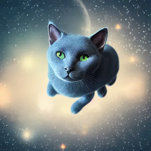 Prompt: a beatiful cute Russian blue cat floating in outer space, photorealistic, octane render, blender cycles engine, volumetric lighting, astrophotography, 4k ultra hd, HDR, detailed