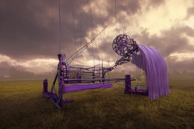 Prompt: a large loom machine that weaves threds that turn into the clouds in a calm purple sky, aesthetic, intricate, elegant, 8K, concept art, highly detailed, hyper-realistic, polished, artstation, unreal engine