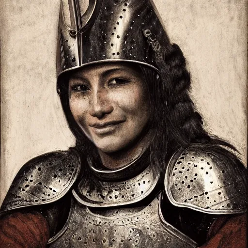 Prompt: head and shoulders portrait of a female knight, quechua, cuirass, tonalist, symbolist, realism, chiaroscuro, baroque, gorget, indigo and burnt sienna, grisaille, detailed, raven, modeled lighting, vignetting, angular, smiling