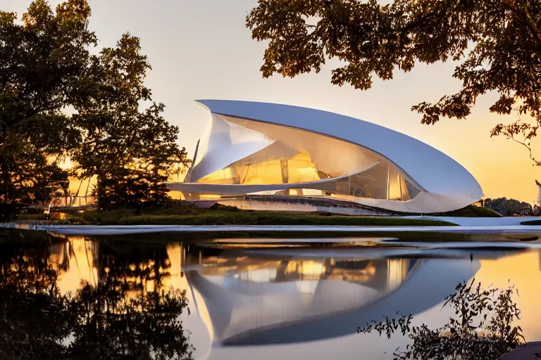 Image similar to a building formed by many multi - white eggshell shapes arranged and combined in space. on the calm lake, people's perspective modern curved architecture, future, award winning, highly detailed 4 k art, dusk, by kazuyo sejima