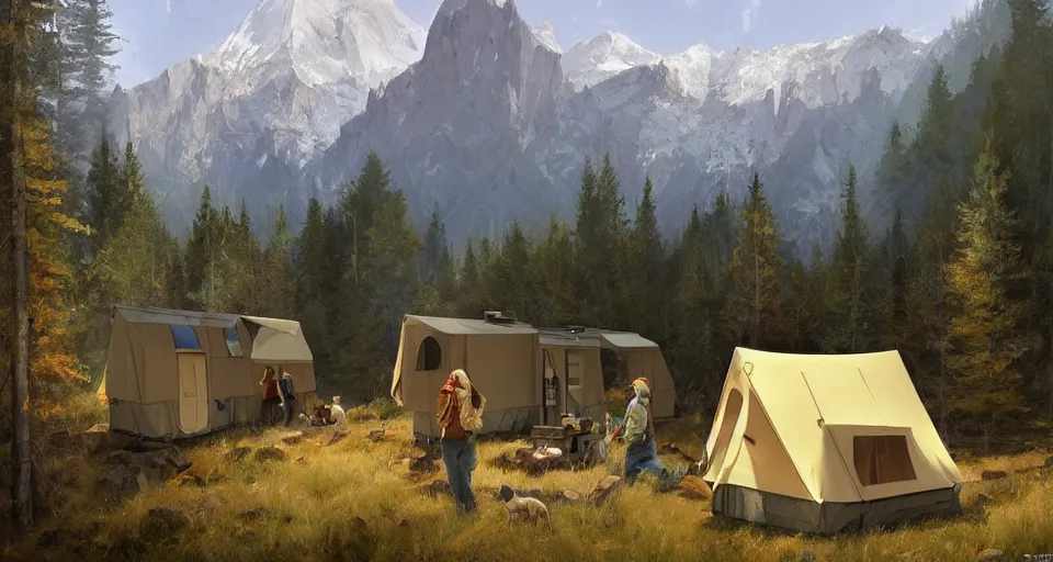 Image similar to cabela's beautiful comfortable self contained modular insulated wall container home kit - house all weather family dwelling tent house, person in foreground, mountainous forested wilderness open fields, beautiful views, painterly concept art, environmental concept art, concept art illustration, by james gurney, by craig mullins, by greg rutkowski trending on artstation