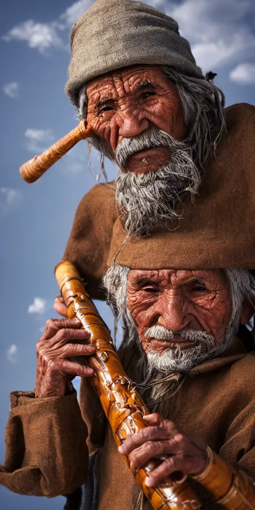 Image similar to Bolivian old man playing a quena wind instrument, unreal 5, hyper realistic, realistic, photo realistic, dynamic lighting, highly detailed, cinematic landscape, studio landscape, studio lighting