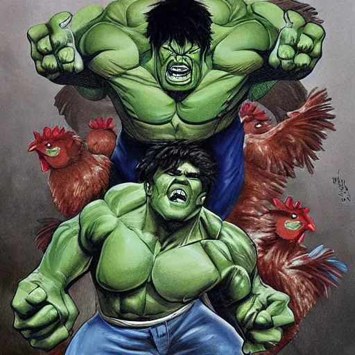 Image similar to detailed matt painting of hulk fighting an army of chickens